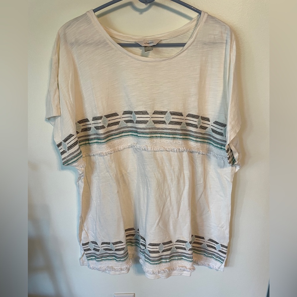 CJ Banks Shirt Womens 3X Plus Ivory Black Blue Top Blouse Cotton Casual Ladies